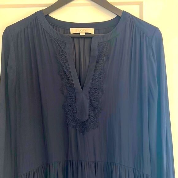 Loft Navy Blue Ruffle Hem Blouse - Picture 2 of 6